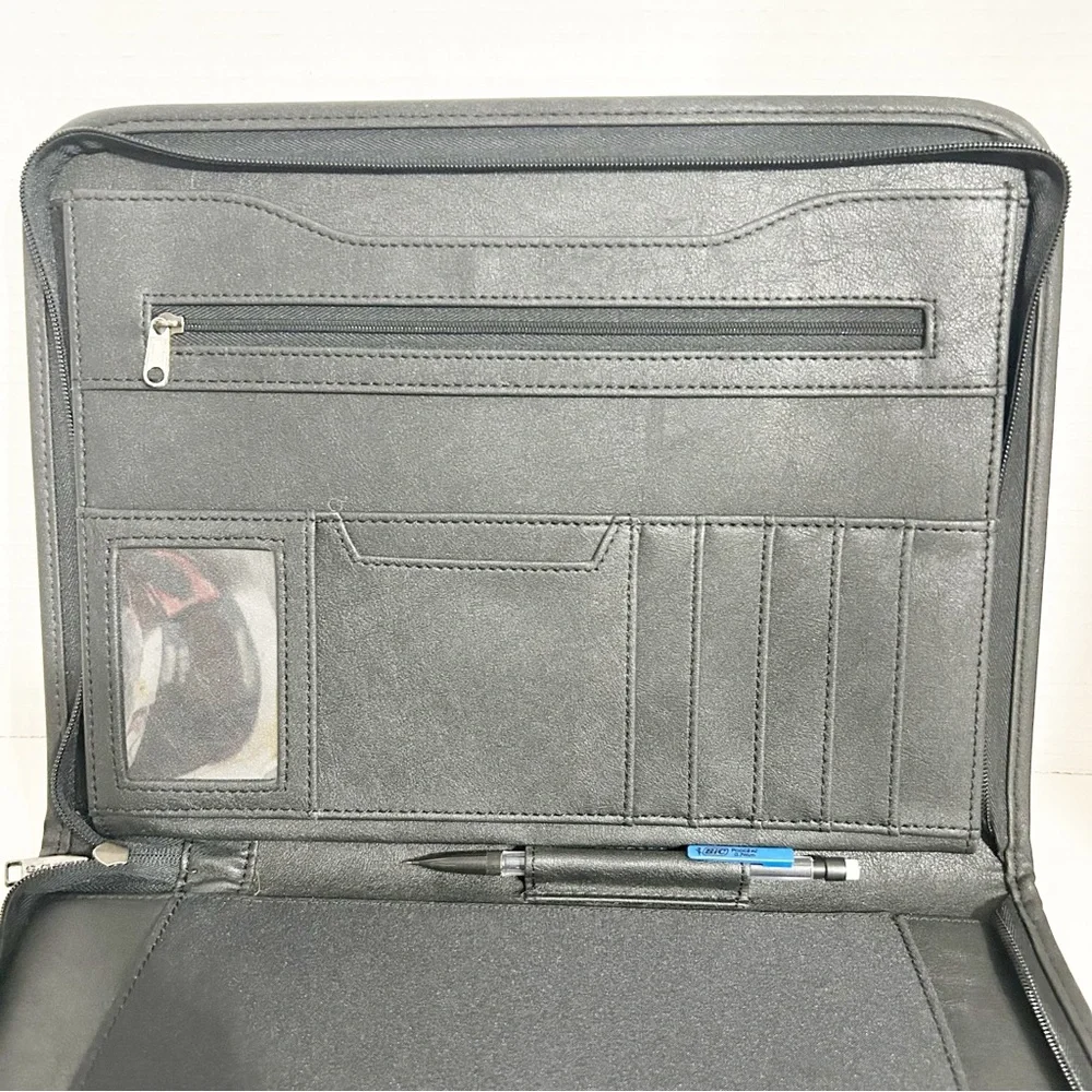 Leeds Black Faux Leather Zip Around Organizer Portfolio Document Keeper Pockets